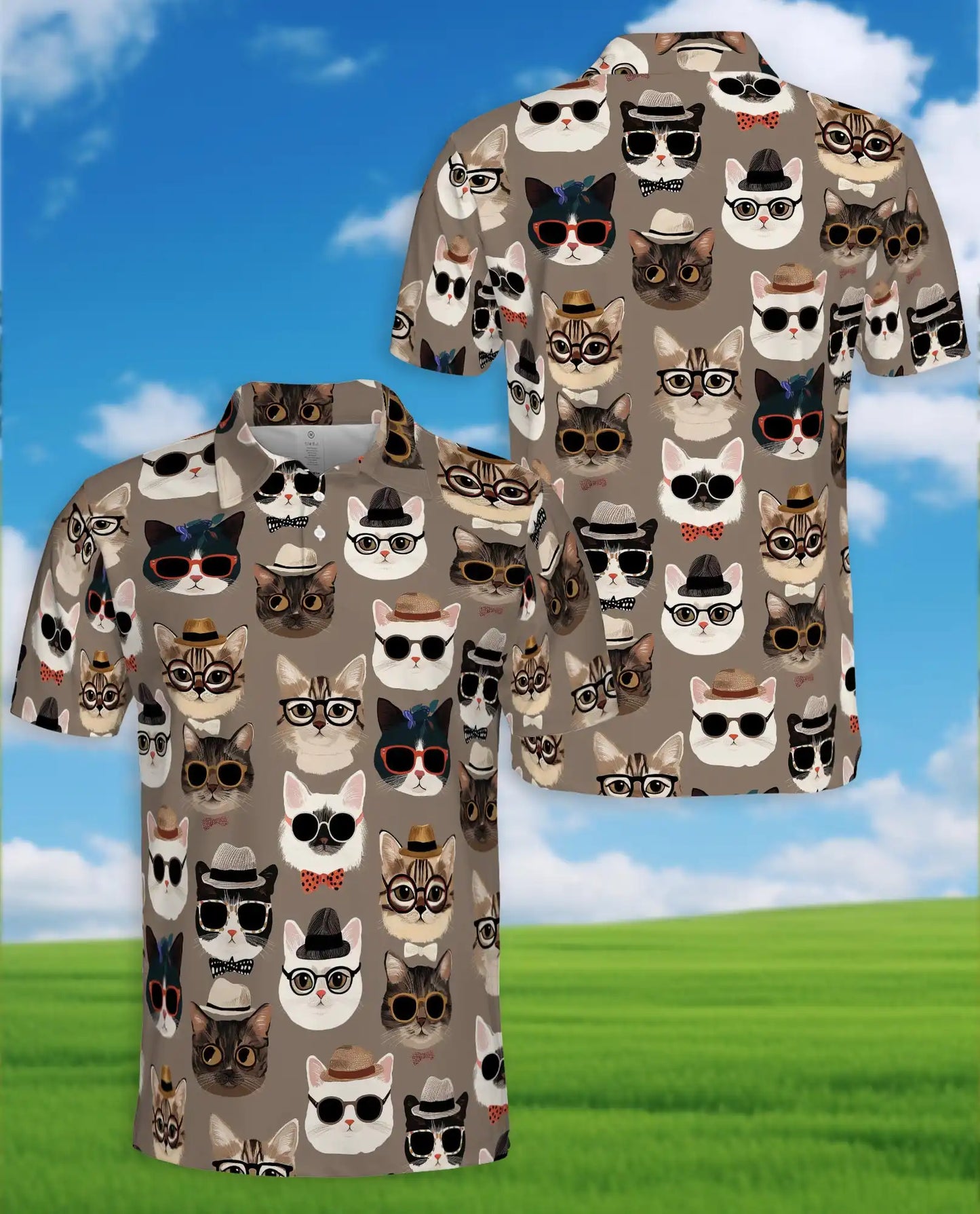 Funny Hipster Cat Polo Shirt For Men- Print Cool Cats With Glasses | Netecom