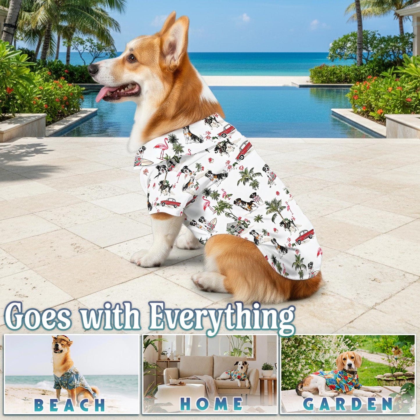 Netecom Matching Tropical Australian Shepherd Aloha Hawaiian Shirt for Dog and Owner, Aloha Summer Shirt, Dog Breed Tropical Print Outfit for Pet and Human, Beach Vacation Casual Wear