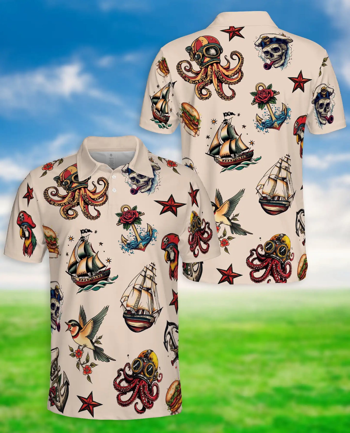 Nautical Tattoo Polo Shirt – Pirate & Octopus Print | Netecom