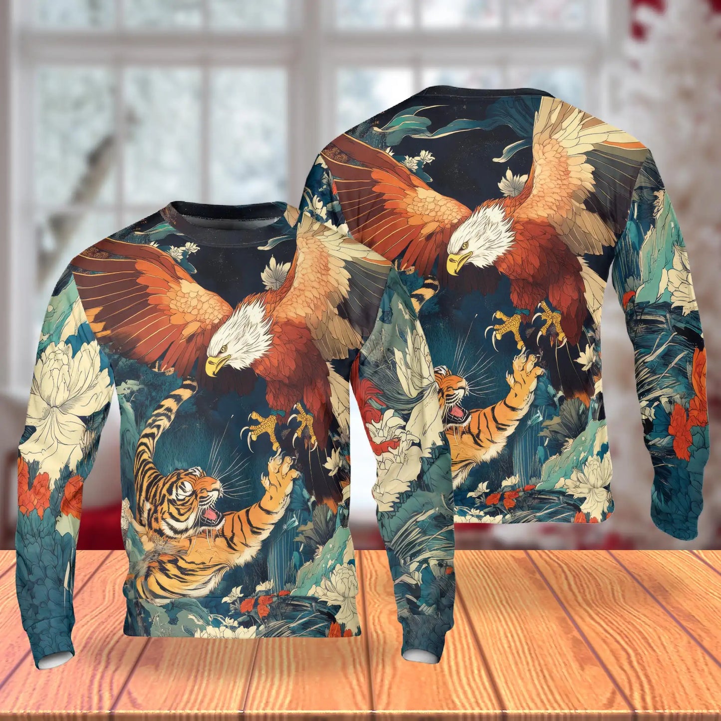 Tiger Eagle Fight Sweatshirt, 3D All Over Print Wild Animal Battle Crewneck Pullover for Men Women, Wildlife Lover Gift - Netecom
