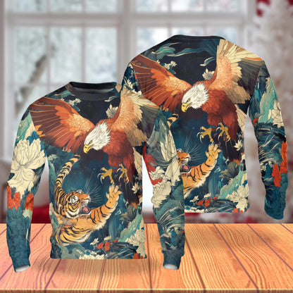 Tiger Eagle Fight Sweatshirt, 3D All Over Print Wild Animal Battle Crewneck Pullover for Men Women, Wildlife Lover Gift - Netecom