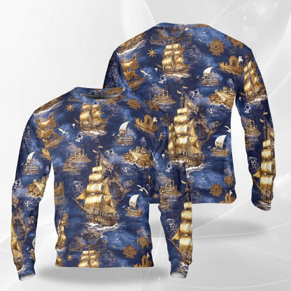 Pirate Ship Sweatshirt, 3D All Over Print Nautical Adventure Crewneck Pullover for Men Women, Pirate Lover Gift - Netecom