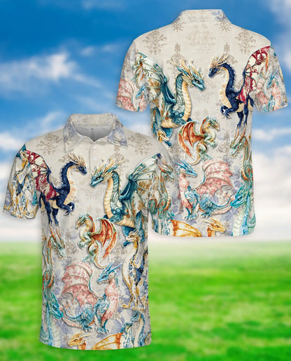 Elegant Fantasy Dragon 3D Polo Shirt for Men – Medieval Mythical Creature Style | Netecom