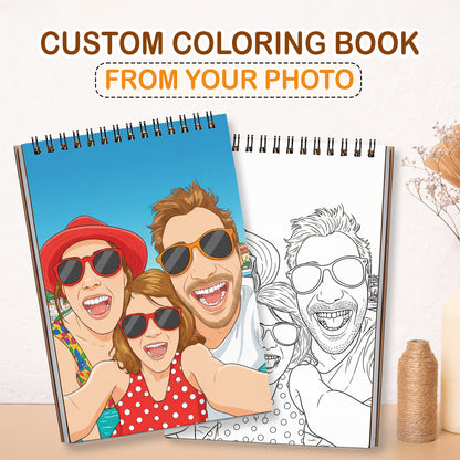 Custom Coloring Book from Photos – Personalized Family Coloring Book for Adults, 12–48 Pages, Memory Keepsake Gift, Premium Wooden Cover, Spiral Binding