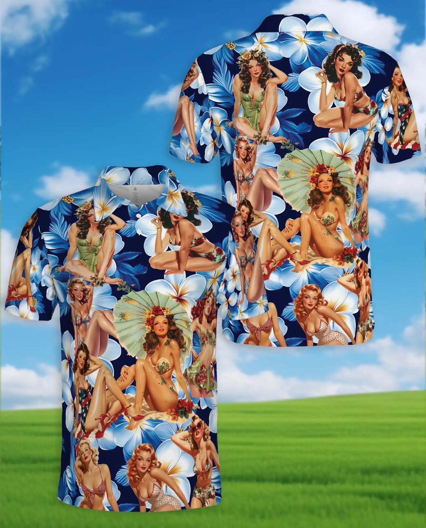 Vintage Pin-Up Girl Polo Shirt for Men - Tropical Plumeria | Netecom
