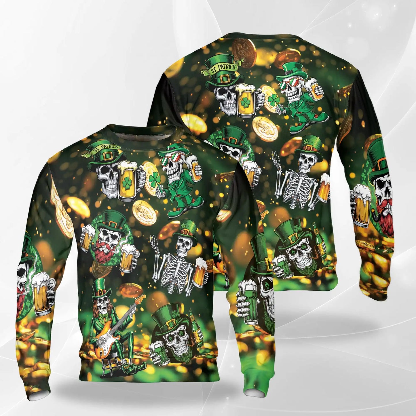 St Patrick’s Day Skull Beer Sweatshirt, 3D All Over Print Irish Shamrock Crewneck Pullover for Men Women, St Patrick’s Day Gift - Netecom