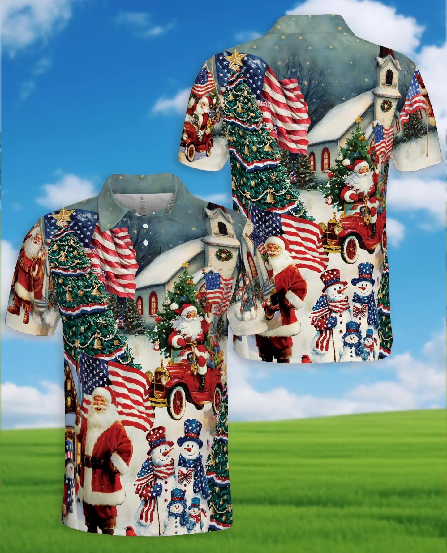 Patriotic Christmas Polo Shirt – Santa and American Flag Print | Netecom