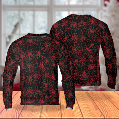 Spider Web Sweatshirt, 3D All Over Print Red Spider Halloween Crewneck Pullover for Men Women, Spooky Halloween Gift - Netecom