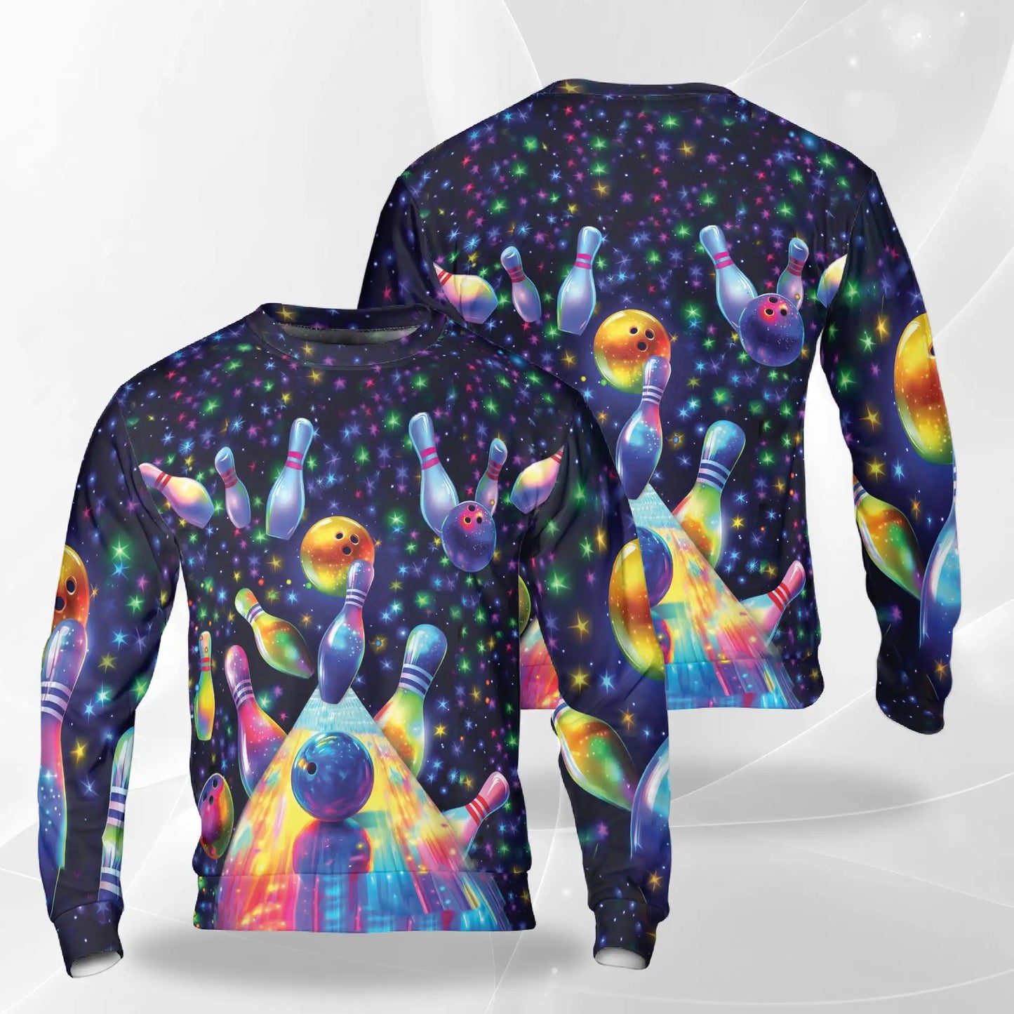 Bowling Pattern Sweatshirt, 3D All Over Print Bowling Ball & Pins Crewneck Pullover for Men Women, Bowler Gift - Netecom
