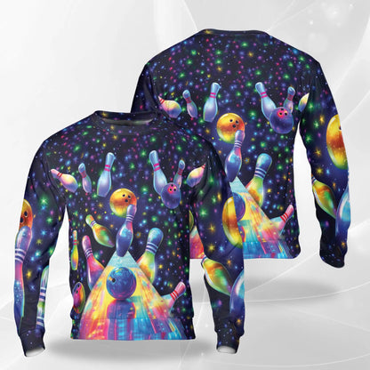 Bowling Pattern Sweatshirt, 3D All Over Print Bowling Ball & Pins Crewneck Pullover for Men Women, Bowler Gift - Netecom