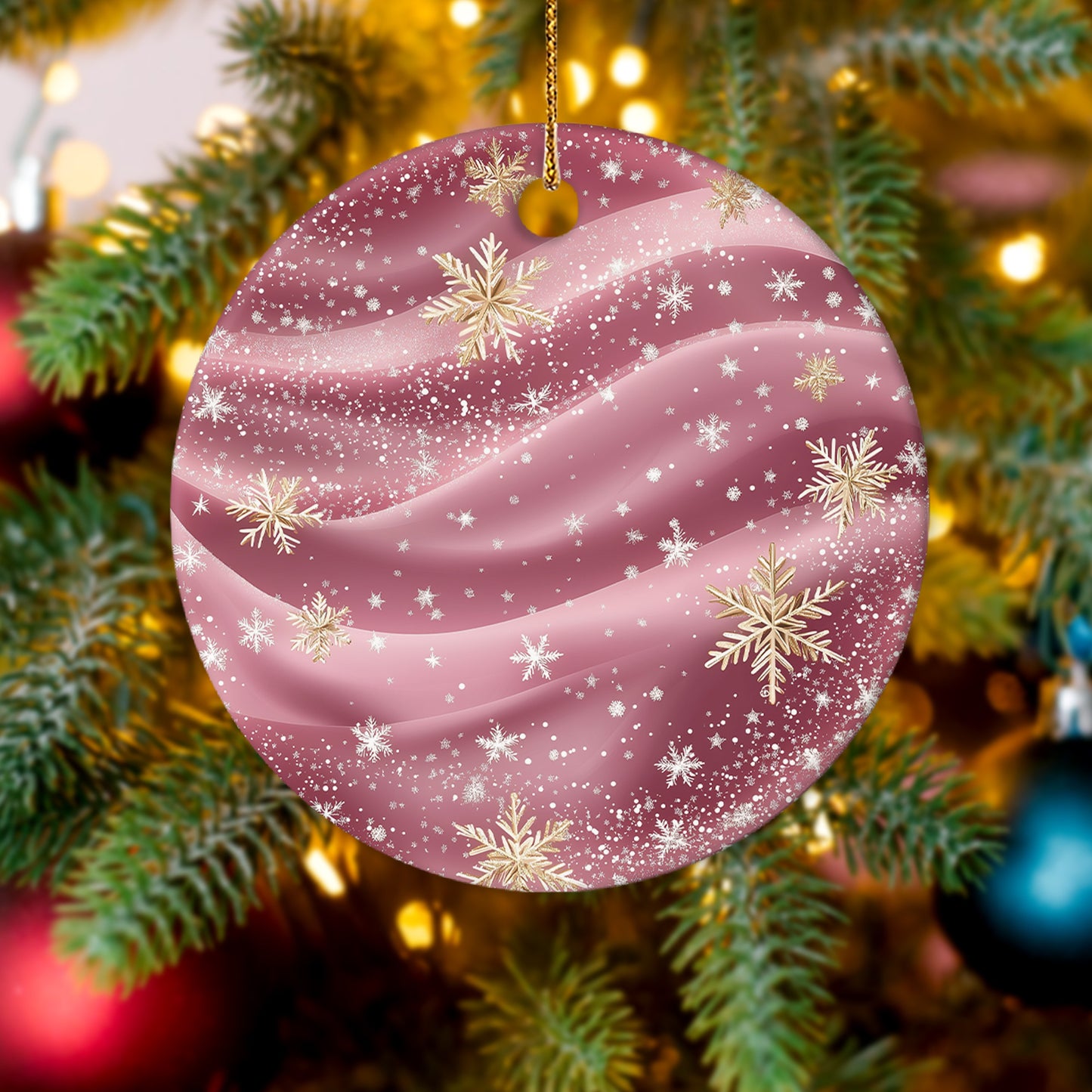 Netecom Elegant Marble Texture Pattern Pink Ornament, Ceramic Gold Glitter Snowflakes Keepsake Ornaments for Xmas Tree Decorations, Gifts for Holiday, Party, Home Decor
