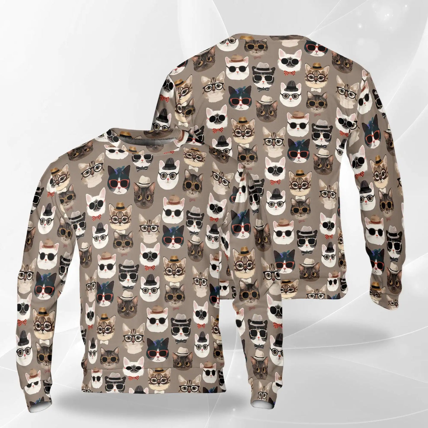 Cats Wearing Hats Pattern Sweatshirt, 3D All Over Print Cute Cat Crewneck Pullover for Men Women, Cat Lover Gift - Netecom