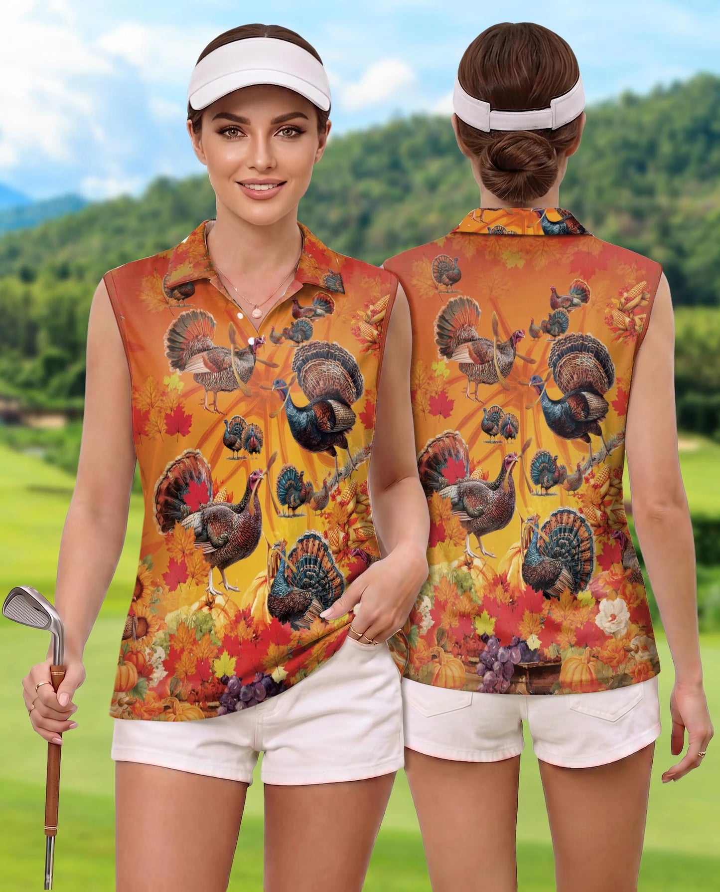 Turkey Thanksgiving Edition Sleeveless Polo Shirt for Women | Netecom
