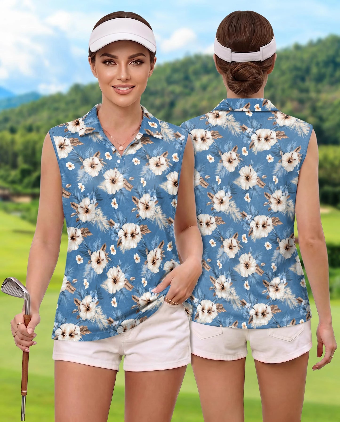 Hibiscus Flowers Sleeveless Polo Shirt for Women | Netecom