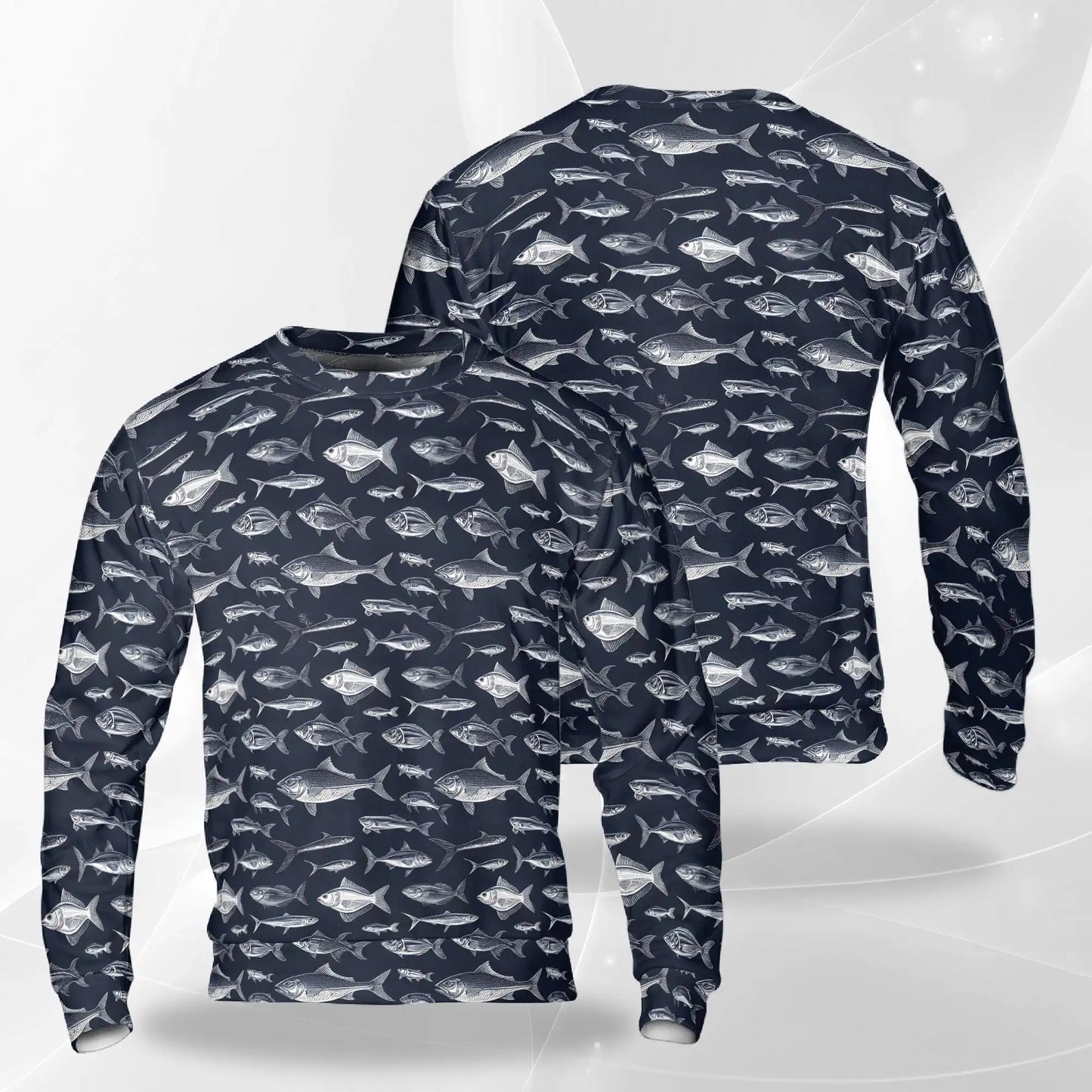 Blue Fish Pattern Sweatshirt, 3D All Over Print Ocean Marine Crewneck Pullover for Men Women, Fish Lover Gift - Netecom