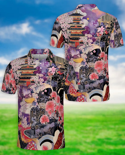 Japanese Sakura Pagoda 3D Polo Shirt for Men | Netecom