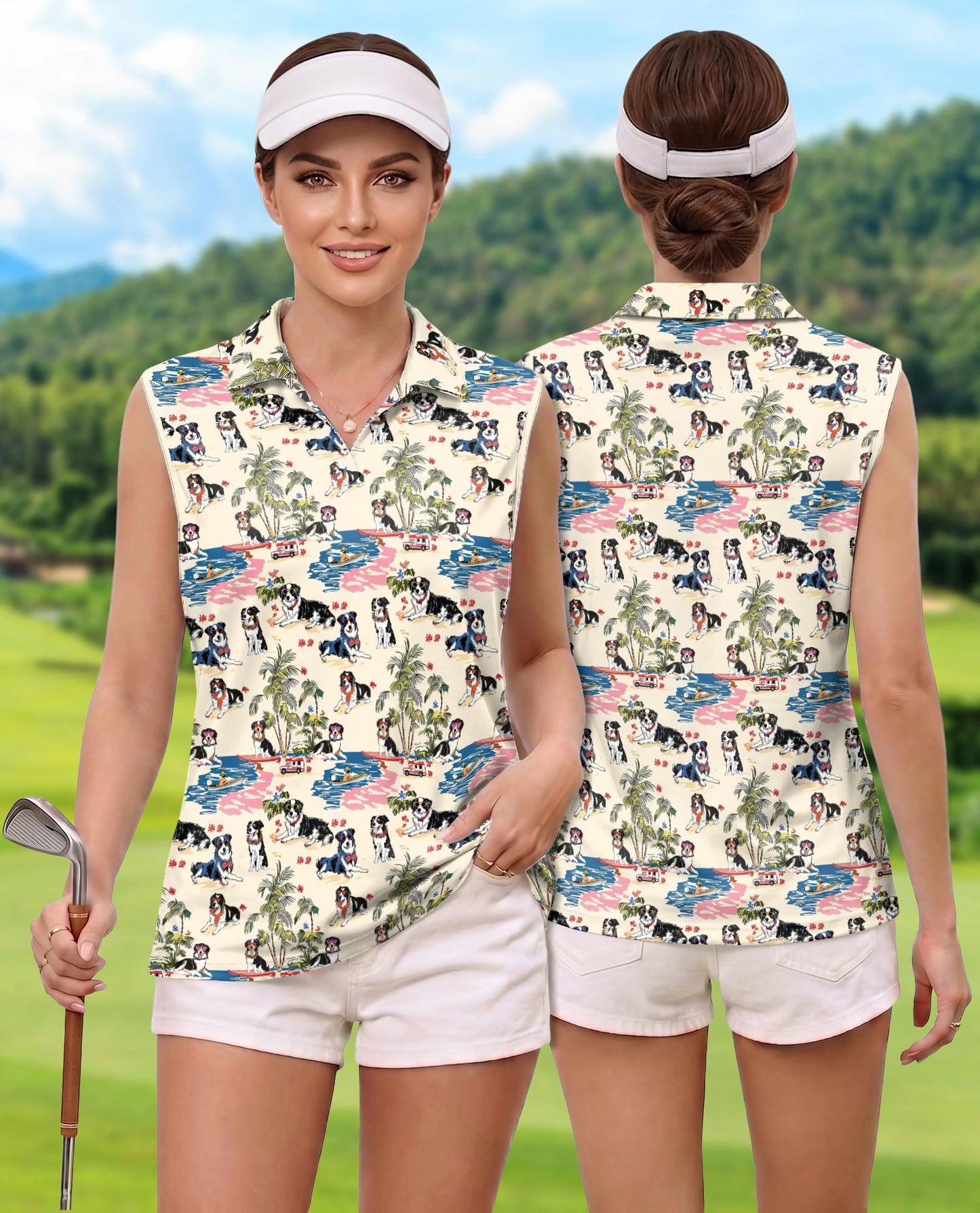 Australian Shepherd Summer Beach Sleeveless Polo Shirt for Women | Netecom