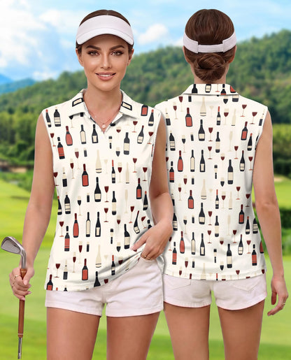 Red Wine Themed Sleeveless Polo Shirt for Women | Netecom
