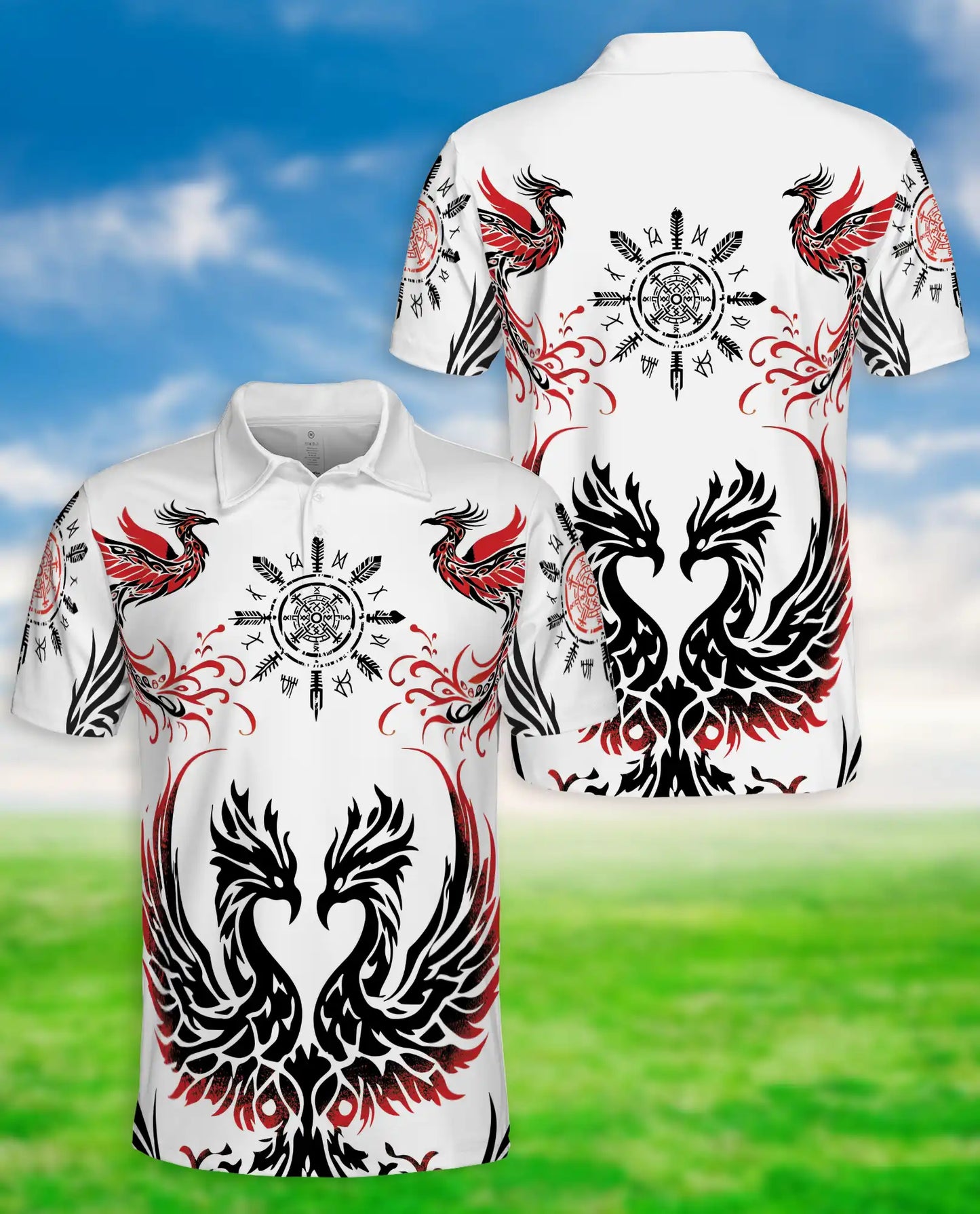 Phoenix Tribal 3D Polo Shirt for Men – Nordic Raven Symbol Style | Netecom