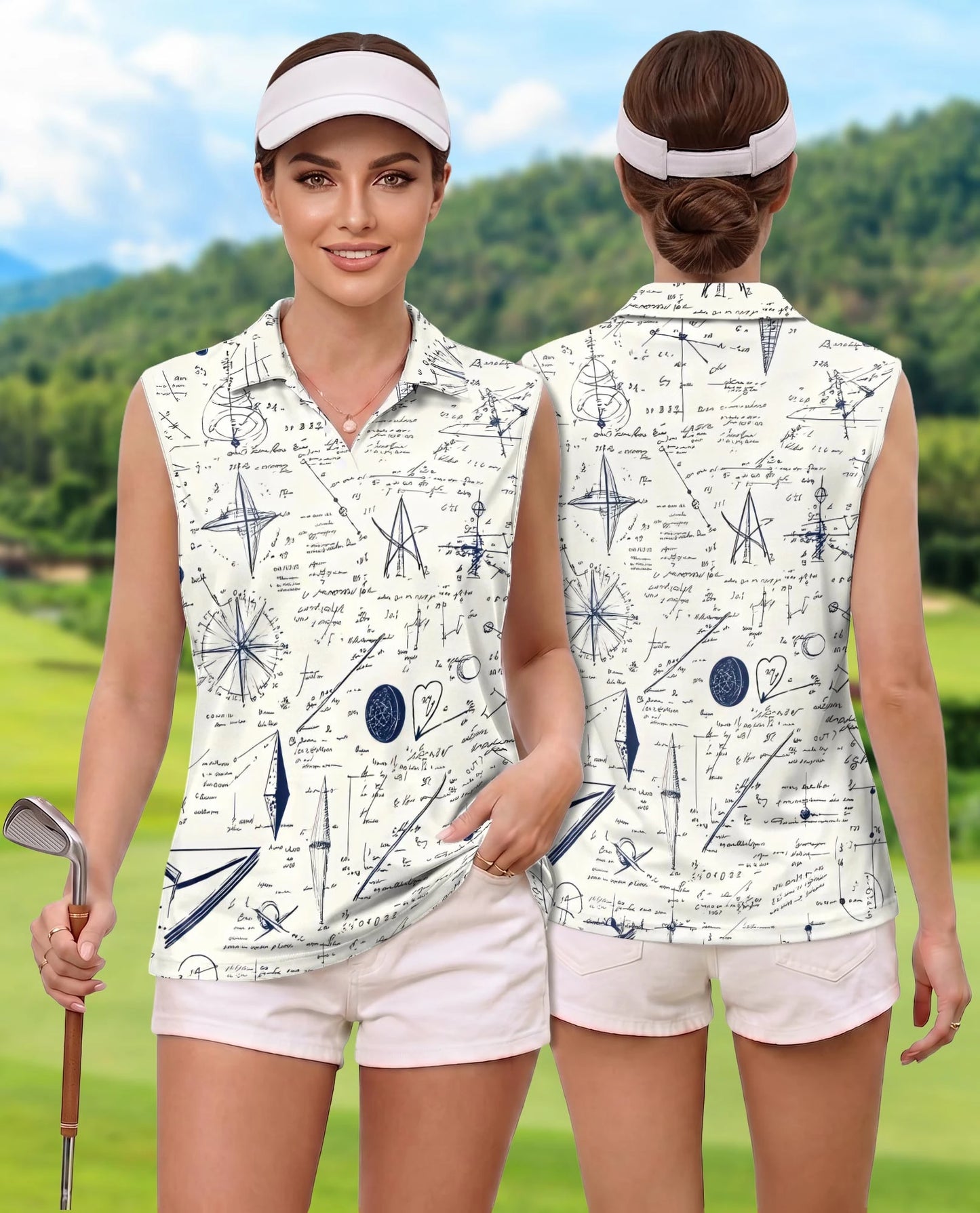 Vintage Manuscript Print Sleeveless Polo Shirt for Women | Netecom