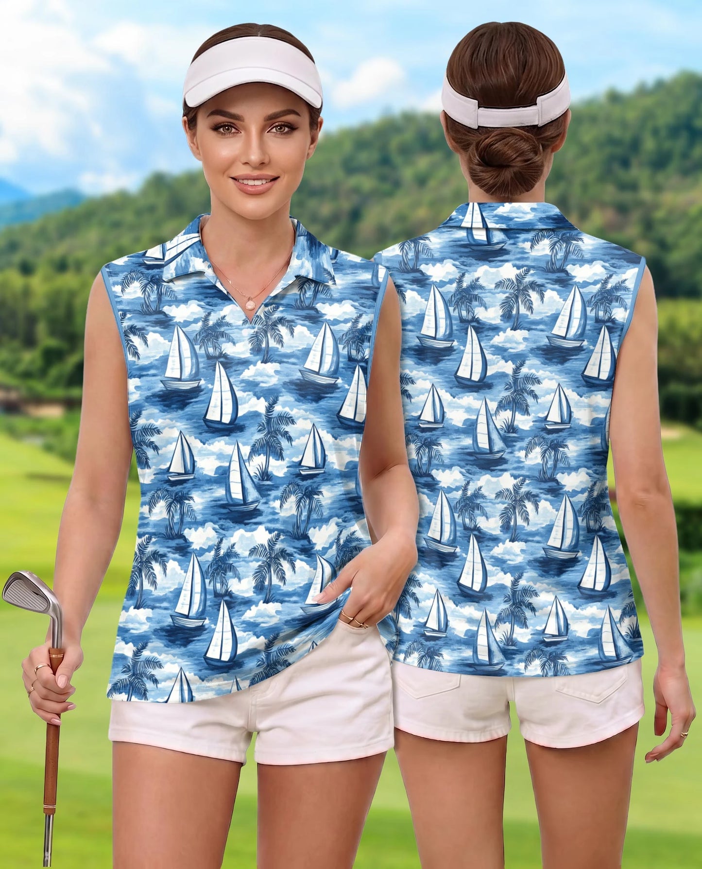 Sailboat Pattern Sleeveless Polo Shirt for Women | Netecom
