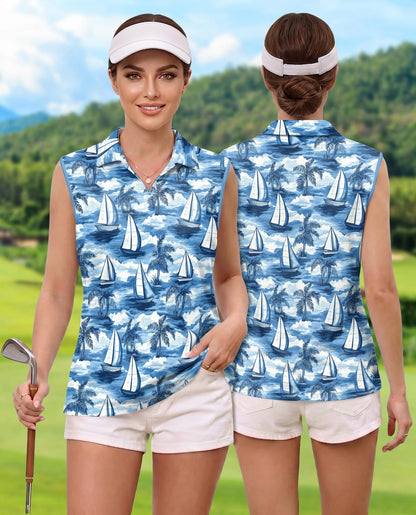 Sailboat Pattern Sleeveless Polo Shirt for Women | Netecom