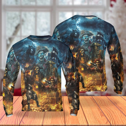 Pirate Skull Sweatshirt, 3D All Over Print Nautical Skull Crewneck Pullover for Men Women, Pirate Lover Gift - Netecom