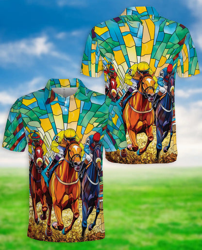 Stained Glass Horse Racing 3D Polo Shirt for Men – Colorful Jockey Derby Style | Netecom