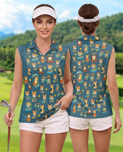 Cute Corgi Vacation Print Sleeveless Polo Shirt for Women | Netecom