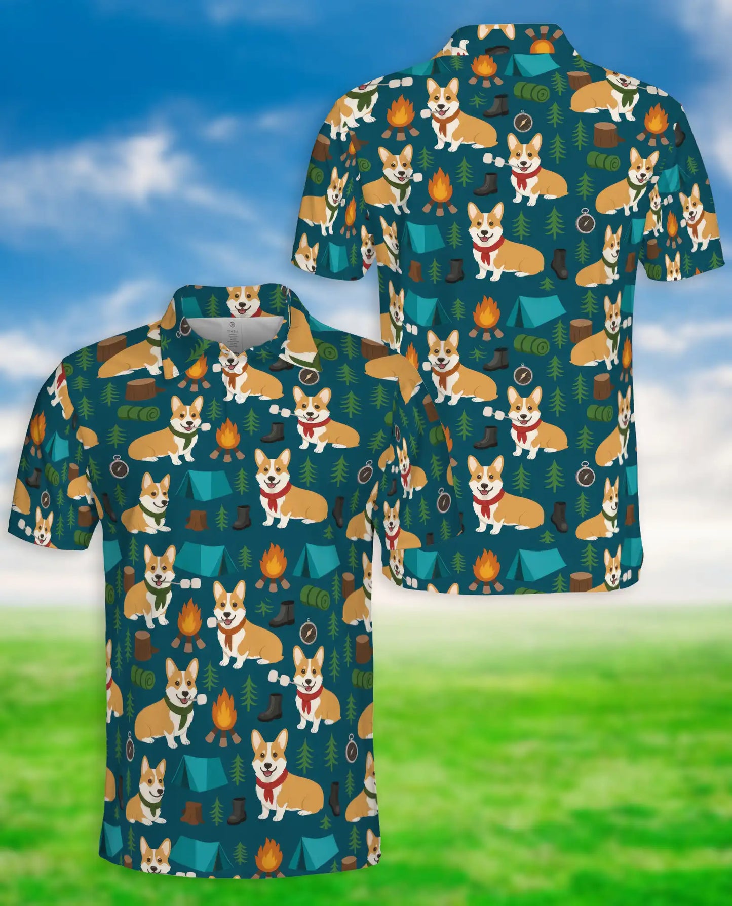 Corgi Camping Polo Shirt – Outdoor Adventure Print | Netecom