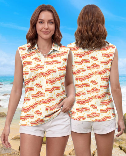 Bacon Eggs Pattern Sleeveless Polo Shirt for Women | Netecom