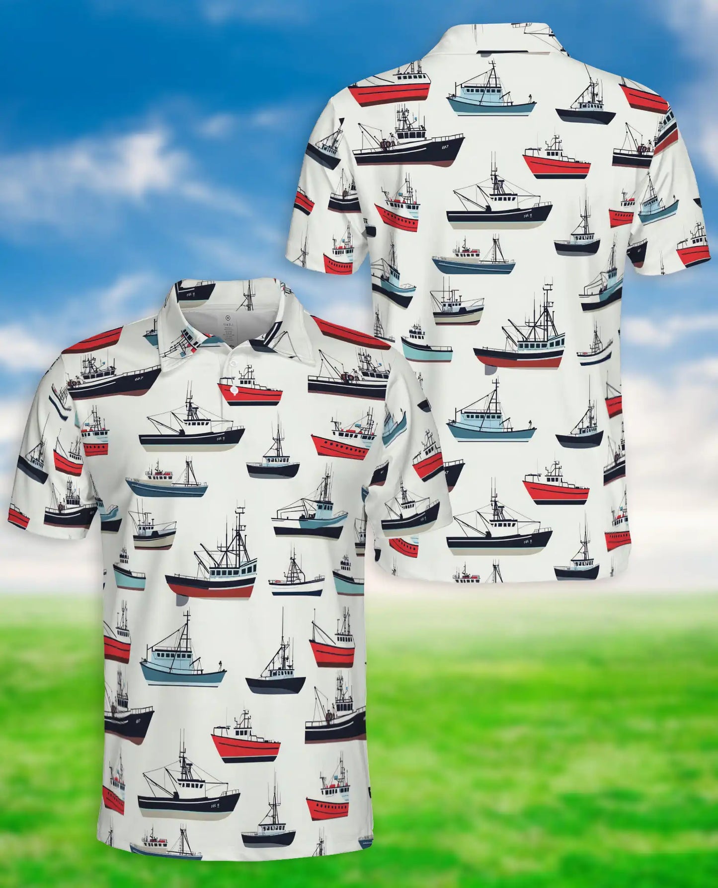 Fishing Boat Nautical 3D Polo Shirt for Men – Coastal Ocean Marine Style | Netecom