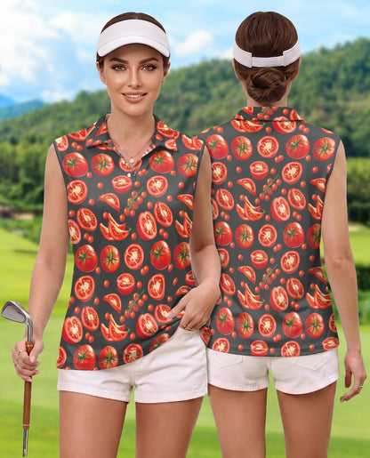 Tomato Print Sleeveless Polo Shirt for Women | Netecom