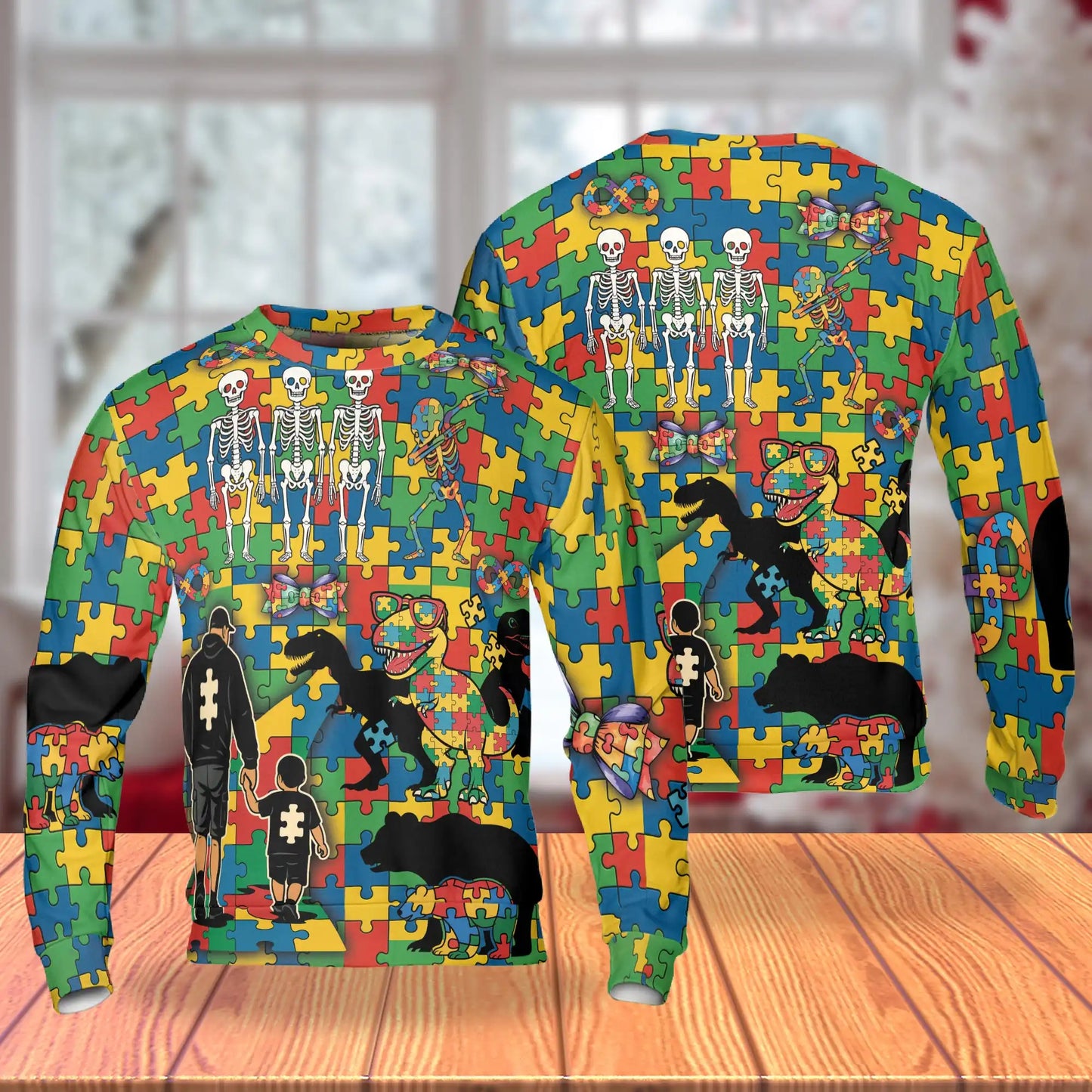 Dad and Son Dinosaur Skeleton Puzzle Pieces Sweatshirt, 3D All Over Print Father Son Crewneck Pullover for Men Women, Family Gift - Netecom