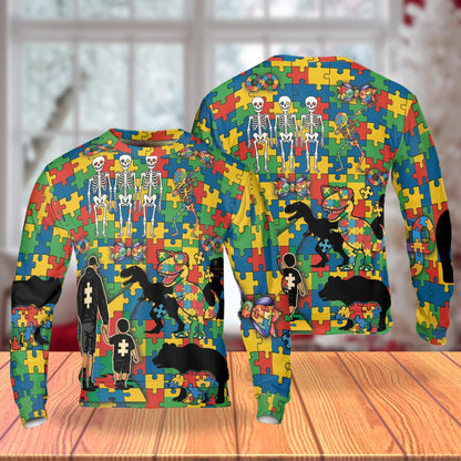 Dad and Son Dinosaur Skeleton Puzzle Pieces Sweatshirt, 3D All Over Print Father Son Crewneck Pullover for Men Women, Family Gift - Netecom