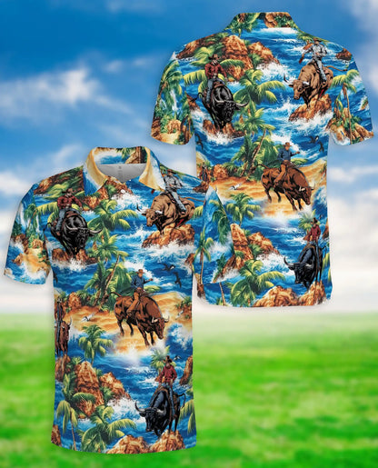 Cowboy Bull Riding 3D Polo Shirt for Men – Tropical Western Rodeo Style | Netecom