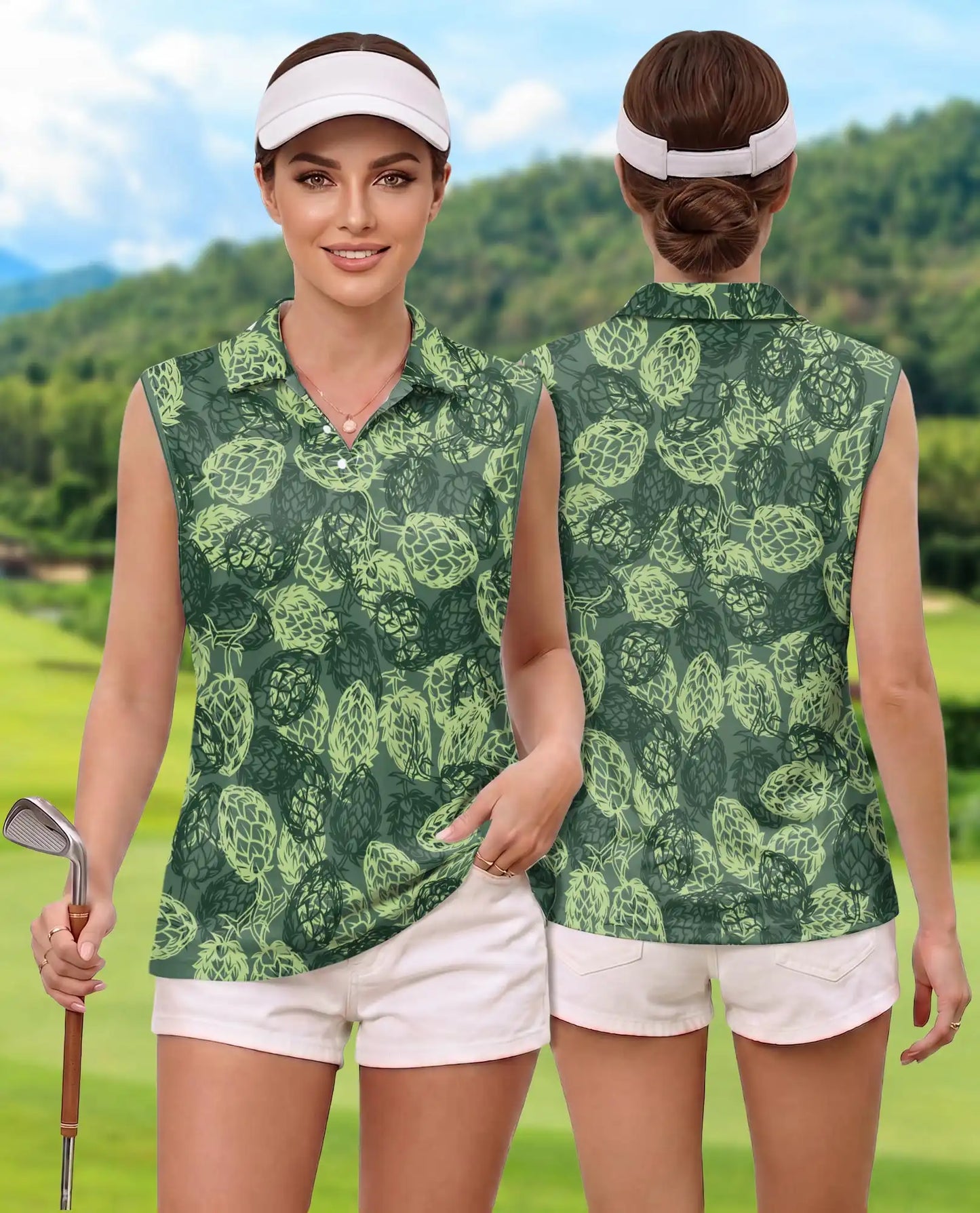 Hops Pattern Sleeveless Polo Shirt for Women – Botanical Craft Style | Netecom