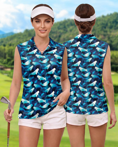 Beluga Whales Sleeveless Polo Shirt for Women – Ocean Animal Style | Netecom