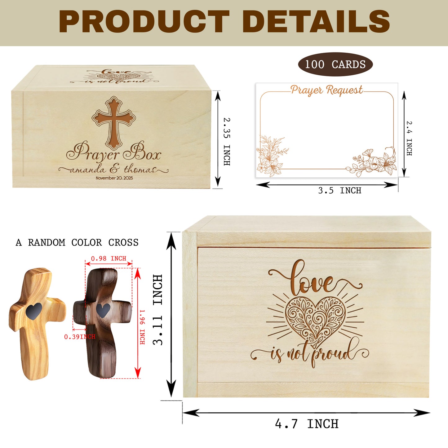 Netecom Couple Prayer Box for Valentine’s Day with 100 Prayer Request Cards & Wooden Cross – Personalized Christian Love Keepsake Gift