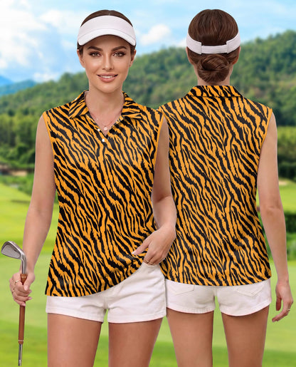 Tiger Print Sleeveless Polo Shirt for Women | Netecom