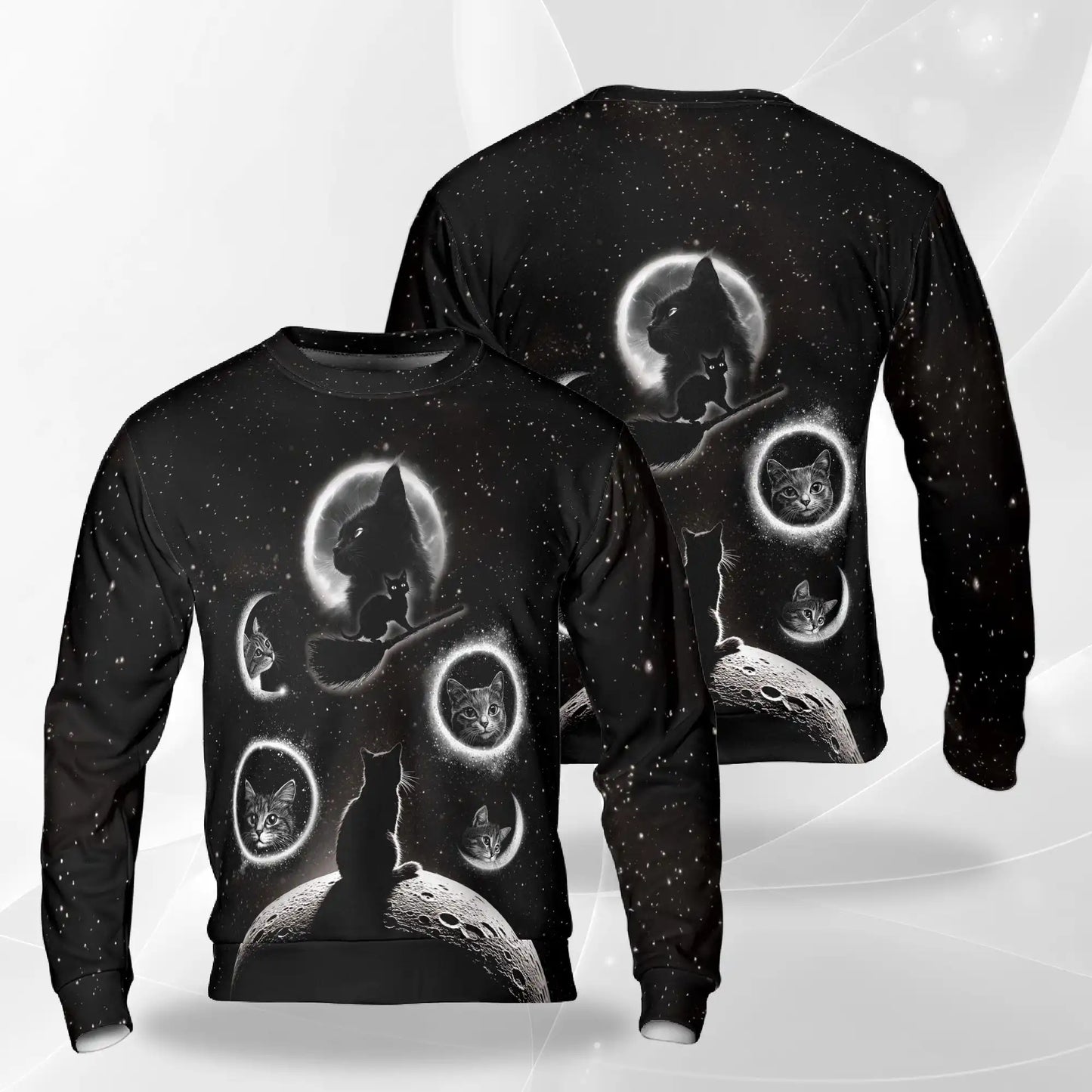 Black Cat Moonlight Sweatshirt, 3D All Over Print Mystical Cat Crewneck Pullover for Men Women, Gothic Cat Lover Gift - Netecom