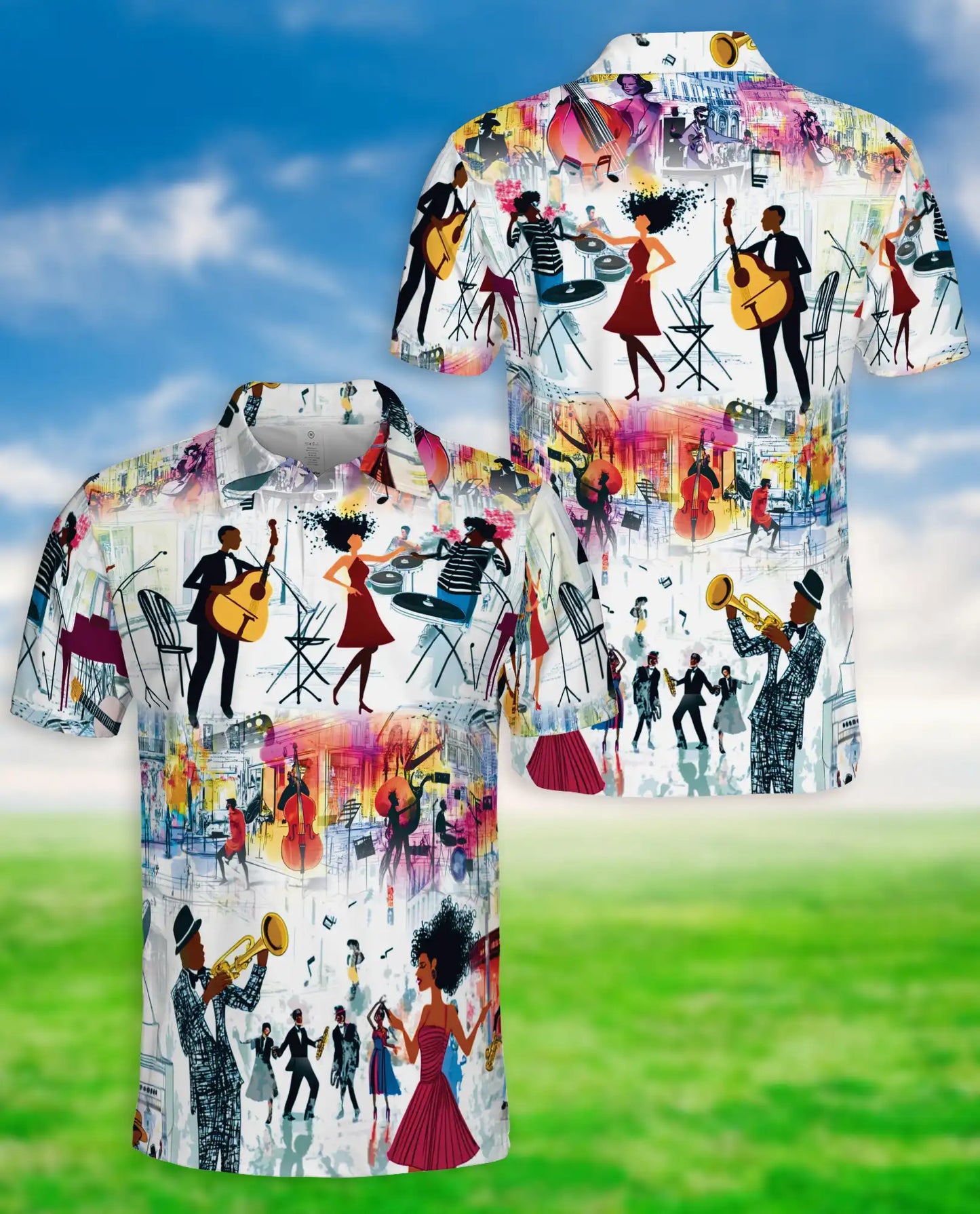 Jazz Music Party 3D Polo Shirt for Men – Colorful Retro Musician Style | Netecom