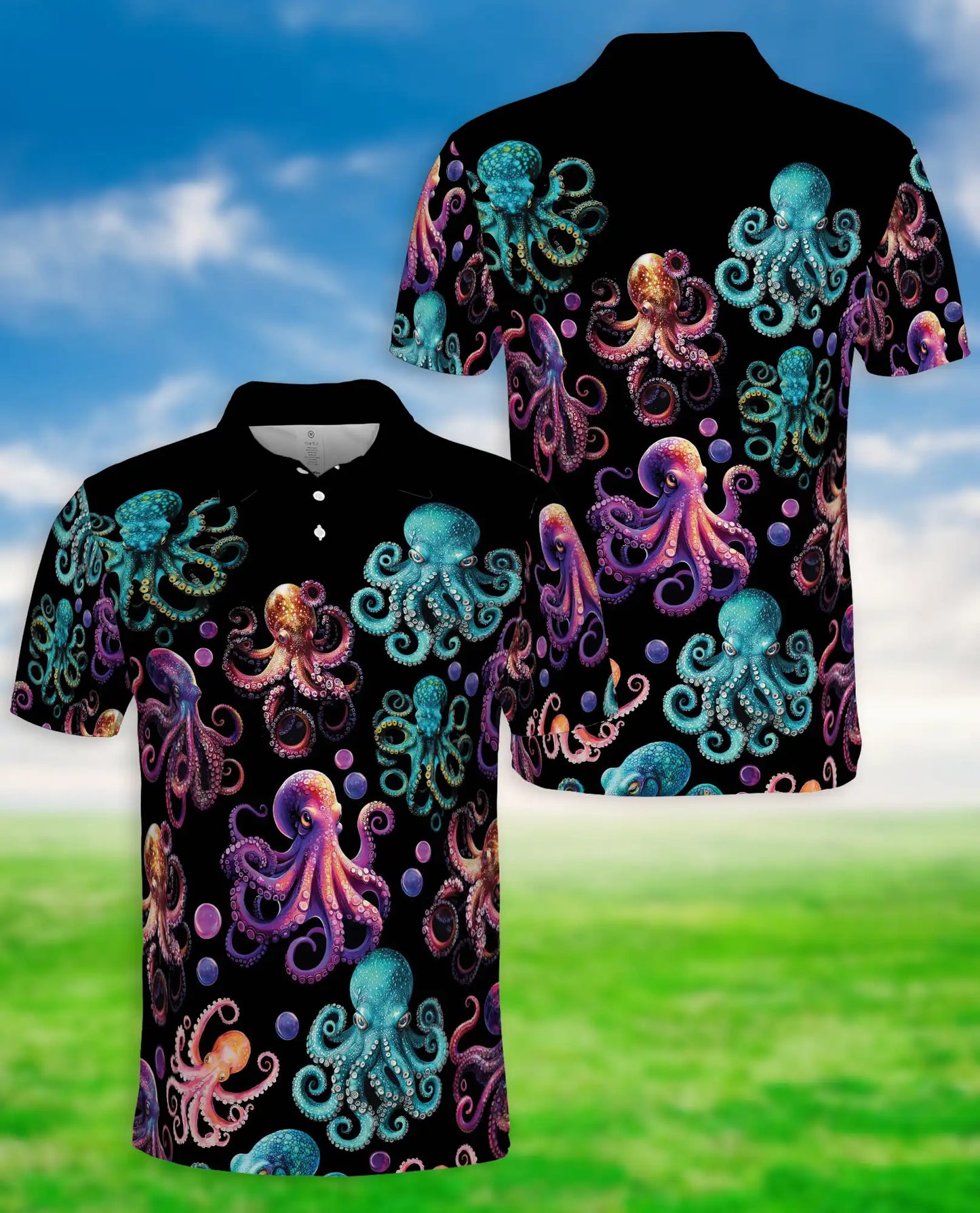 Colorful Octopus Ocean 3D Polo Shirt for Men – Neon Sea Creature Style | Netecom