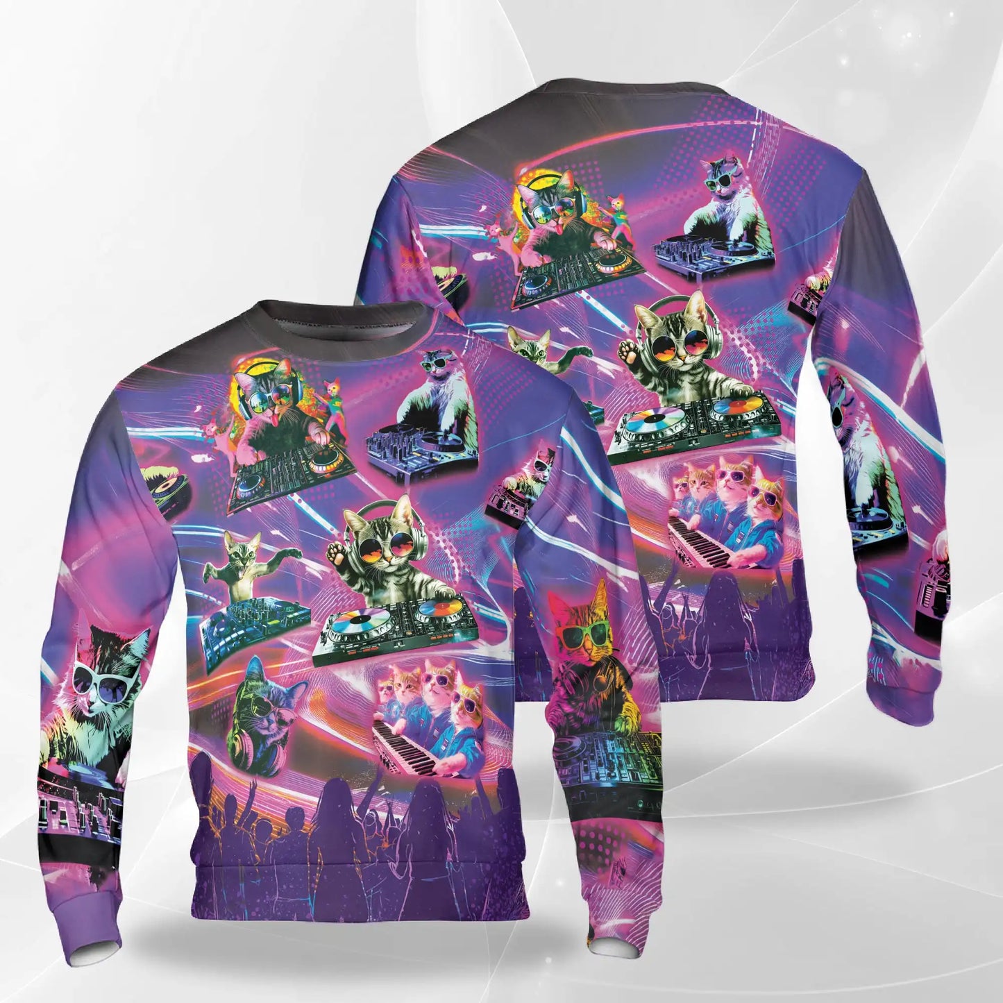 DJ Cat Cool Neon Sweatshirt, 3D All Over Print Funny Music Cat Crewneck Pullover for Men Women, DJ Cat Lover Gift - Netecom