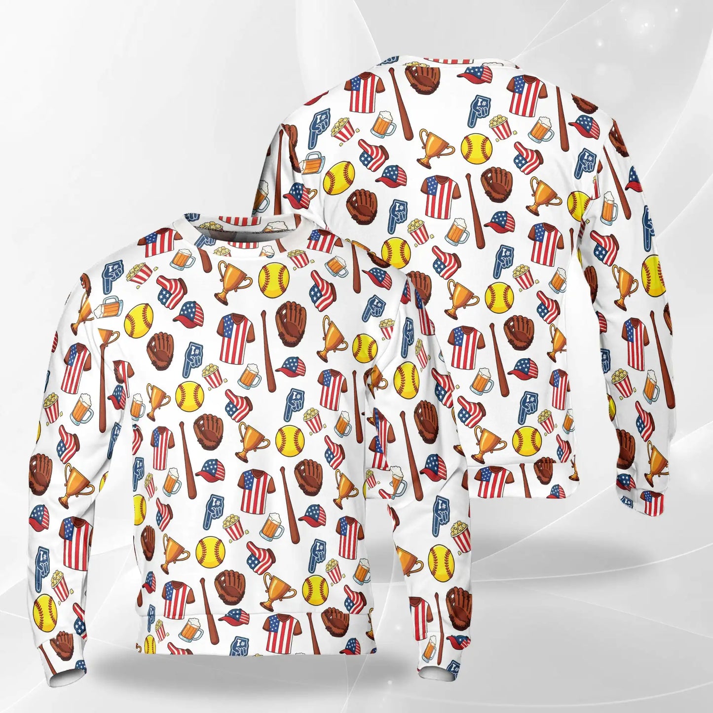 Baseball Cartoon Pattern Sweatshirt, 3D All Over Print Funny Baseball Sports Crewneck Pullover for Men Women, Baseball Lover Gift - Netecom