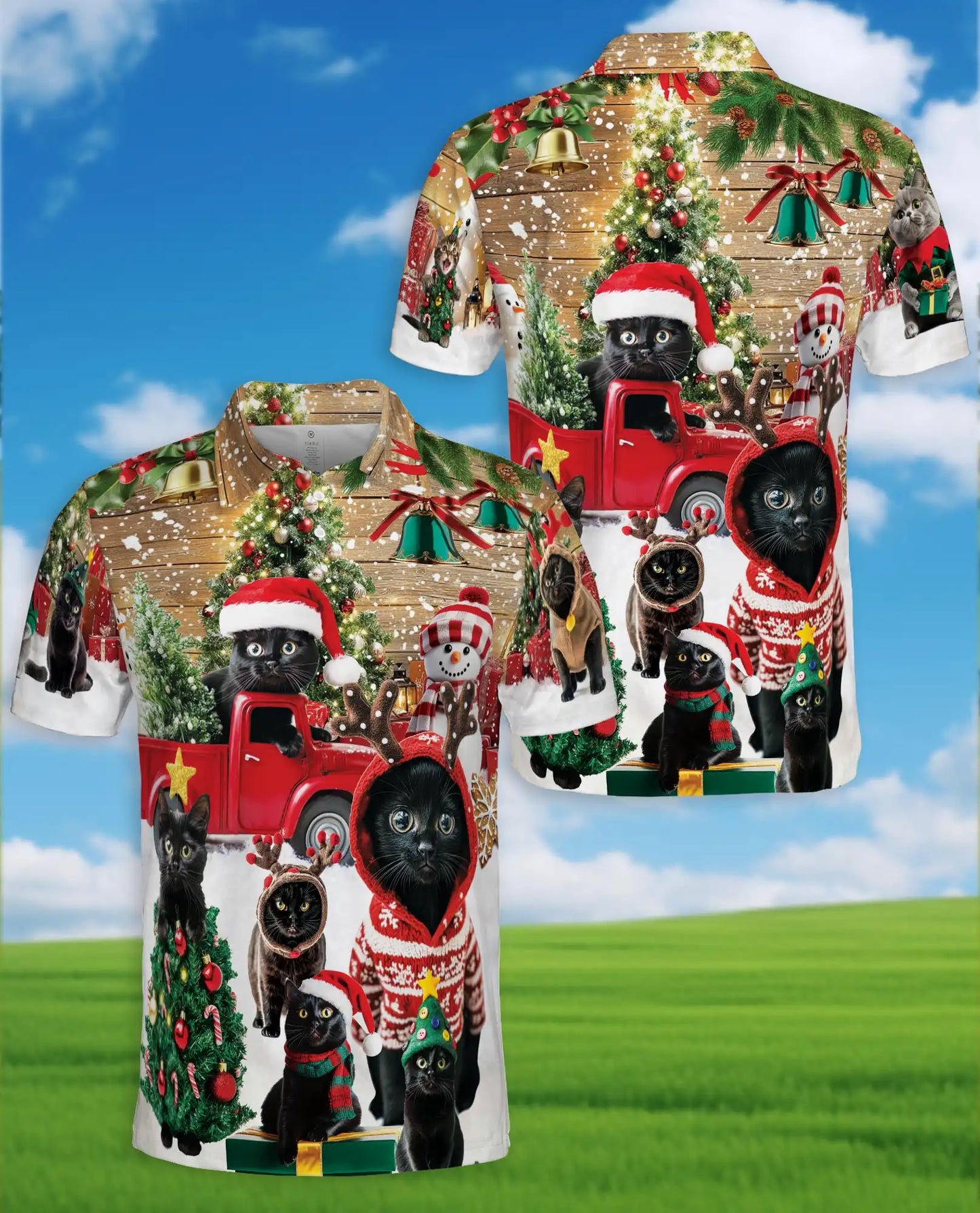 Black Cat Christmas Polo Shirt - Cozy Holiday Winter Style | Netecom