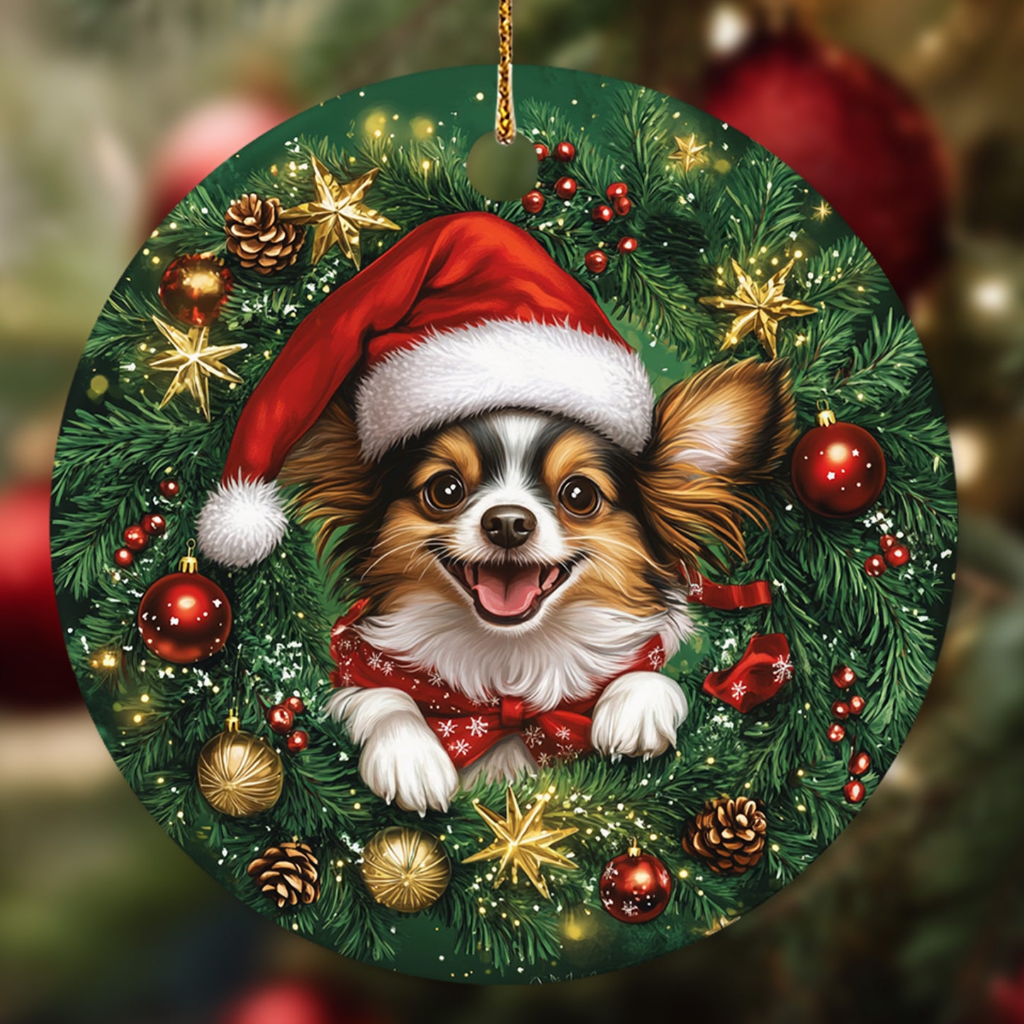 Netecom Cute Papillon Dog in Santa Hat Christmas Ornament, Puppy Ceramic Ornament for Xmas Tree Hanging Decorations Gift, Dog Lover Gifts, Home Decor, Holiday Party Present