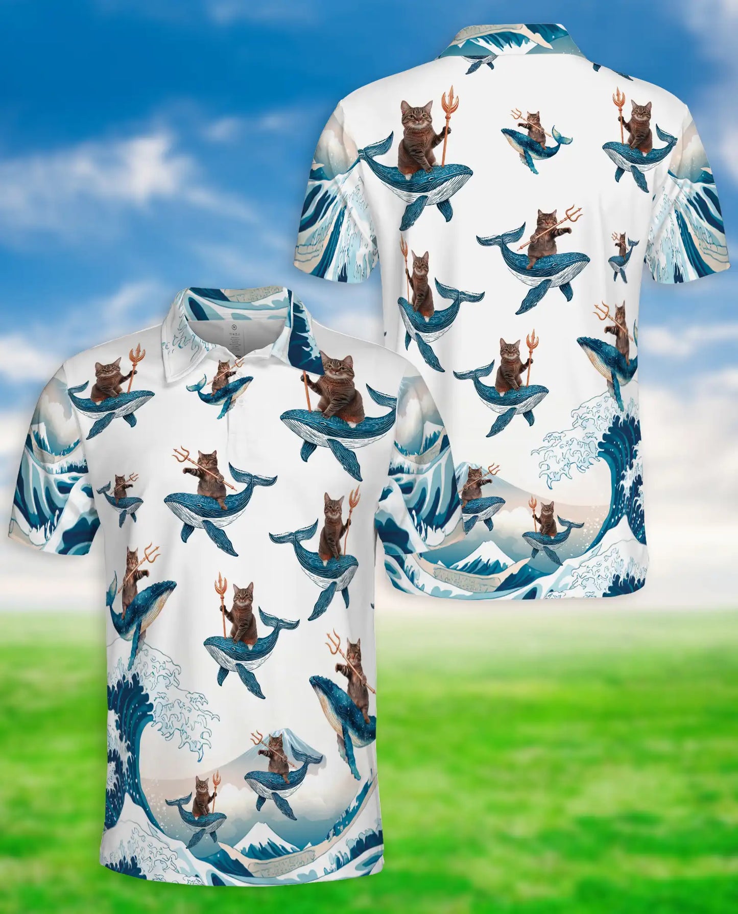 Funny Cat Riding Whale 3D Polo Shirt for Men – Ocean Fantasy Animal Style | Netecom