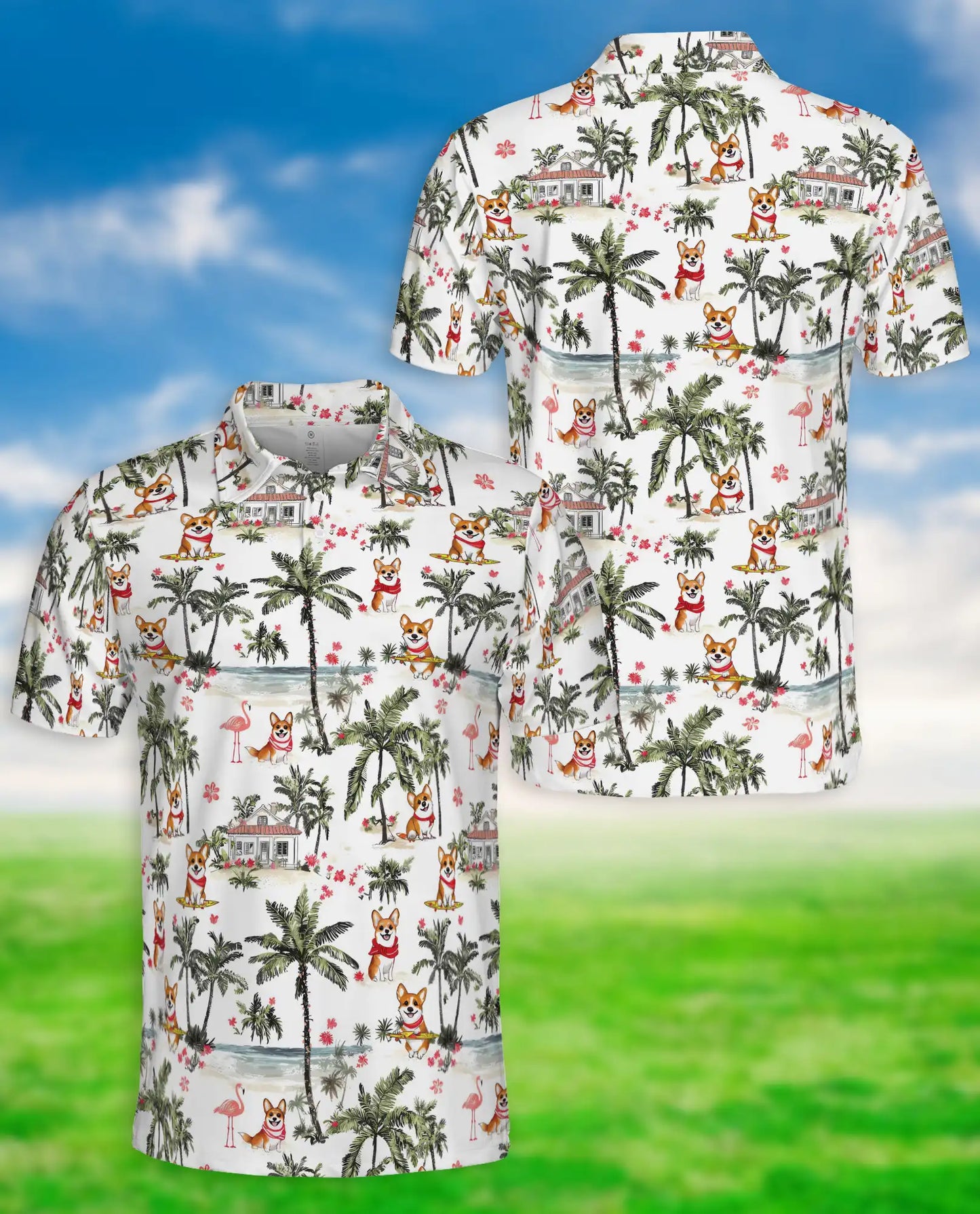 Corgi Tropical Beach Polo Shirt for Men-Summer Vacation Dog Lover Shirt | Netecom