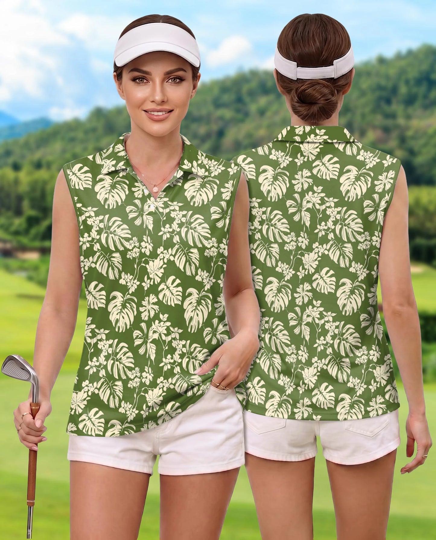 Green Monstera Leaf Sleeveless Polo Shirt for Women – Tropical Botanical Style | Netecom